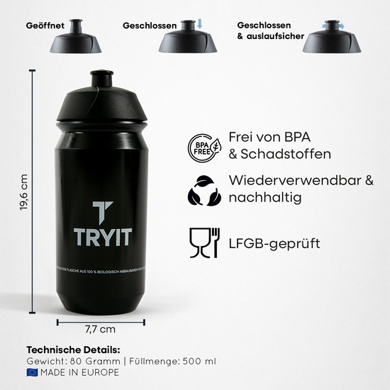 Schwarze TRYIT Trinkflasche mit den Maßen 19,6 cm x 7,7 cm und drei Ansichten des Verschlusses und Details zur Sporttrinkflasche.