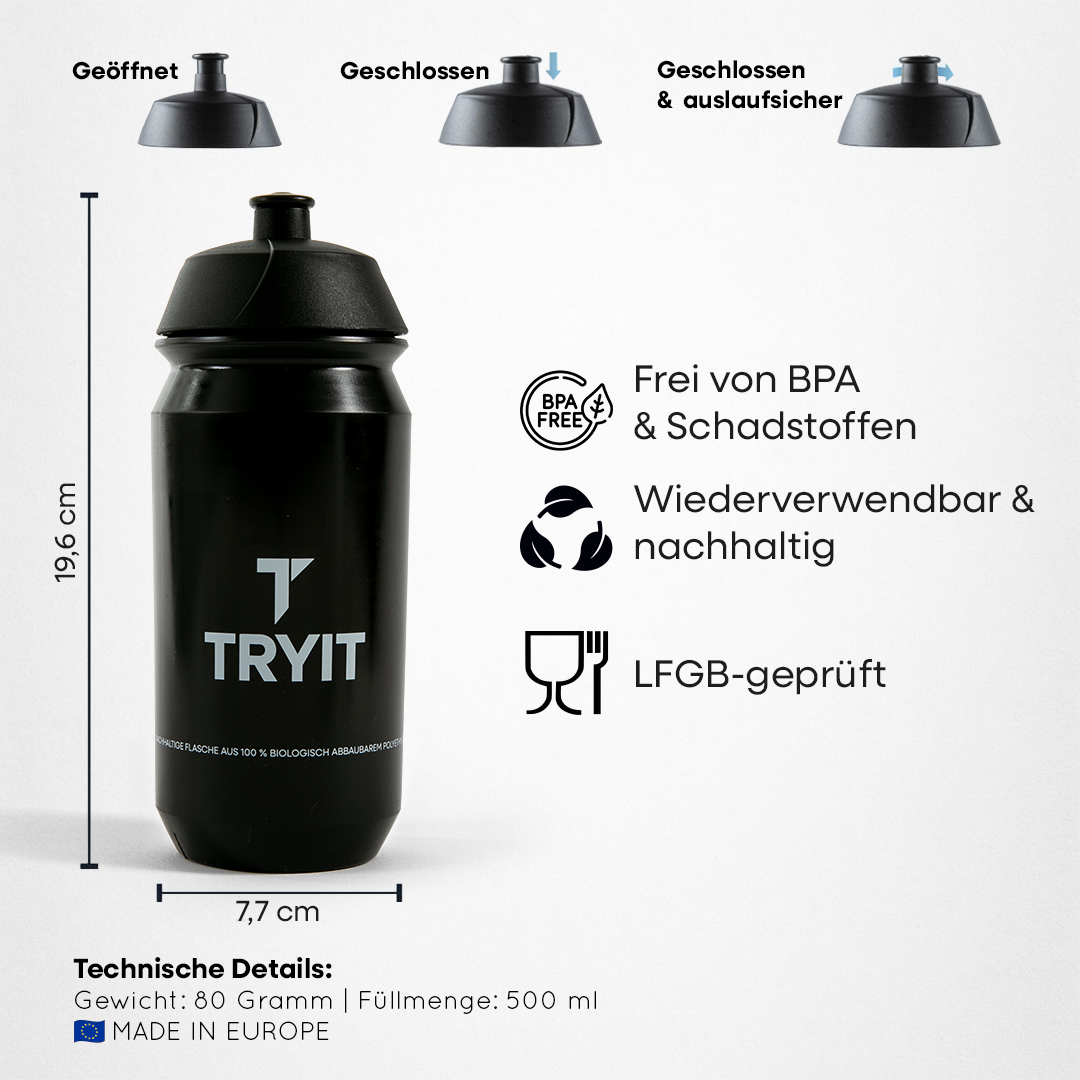 Schwarze TRYIT Trinkflasche mit den Maßen 19,6 cm x 7,7 cm und drei Ansichten des Verschlusses und Details zur Sporttrinkflasche.