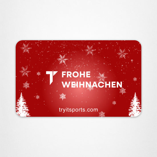 Rote E- Geschenkkarte  mit weißen Schneeflocken und Tannenbäumemit "T Frohe Weihnachten" Logo und "tryitsports.com" URL.