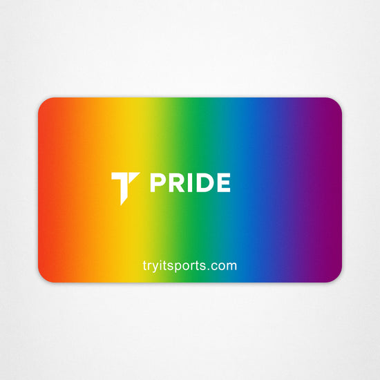 Regenbogenfarbene E- Geschenkkarte mit "T PRIDE" Logo und "tryitsports.com" URL.