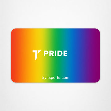 Regenbogenfarbene E- Geschenkkarte mit "T PRIDE" Logo und "tryitsports.com" URL.