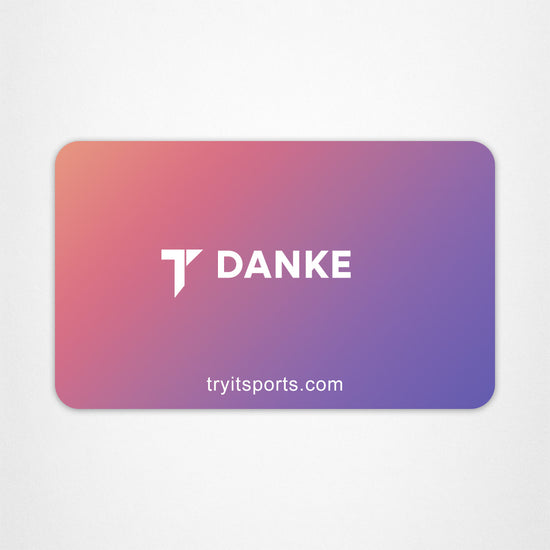Geschenkkarte mit Farbverlauf von Rot zu Violett, weißem "T DANKE"-Logo und "tryitsports.com"-URL.