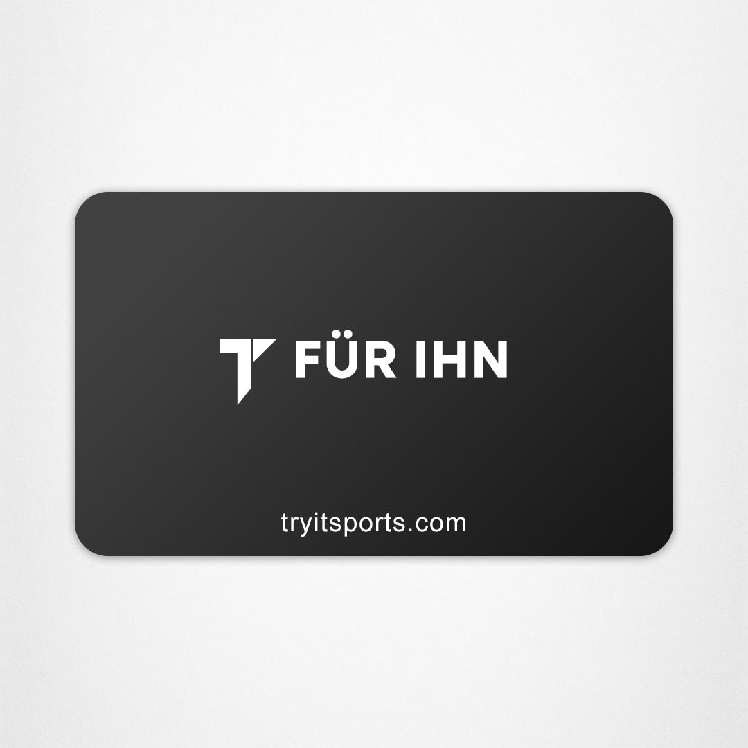 Schwarze E-Geschenkkarte mit weißem "T FÜR IHN" Logo und "tryitsports.com" URL.