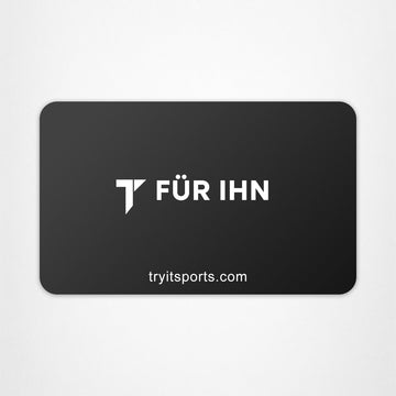Schwarze E-Geschenkkarte mit weißem "T FÜR IHN" Logo und "tryitsports.com" URL.