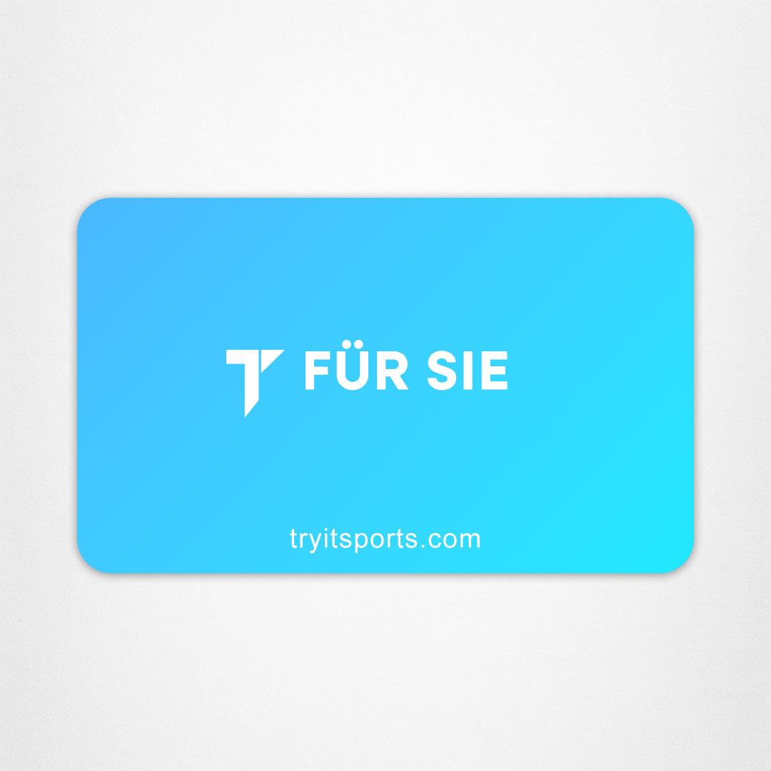 E-Geschenkkarte mit Farbverlauf von Blau zu hell Blau, weißem "T Für Sie"-Logo und "tryitsports.com"-URL.