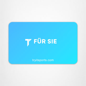 E-Geschenkkarte mit Farbverlauf von Blau zu hell Blau, weißem "T Für Sie"-Logo und "tryitsports.com"-URL.
