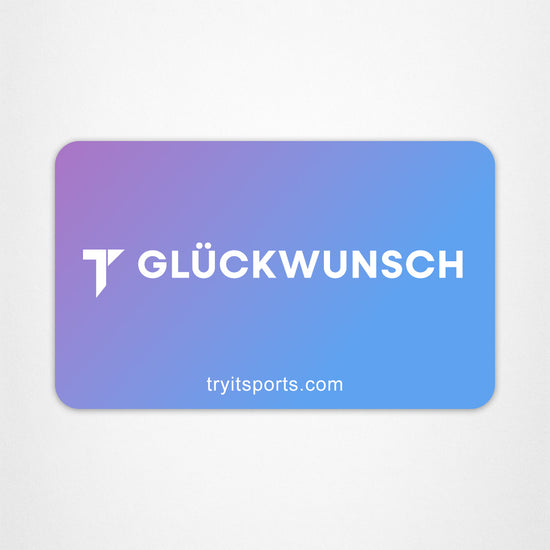 E-Geschenkkarte mit lila-blauem Farbverlauf, weißem "T GLÜCKWUNSCH" Logo und "tryitsports.com".