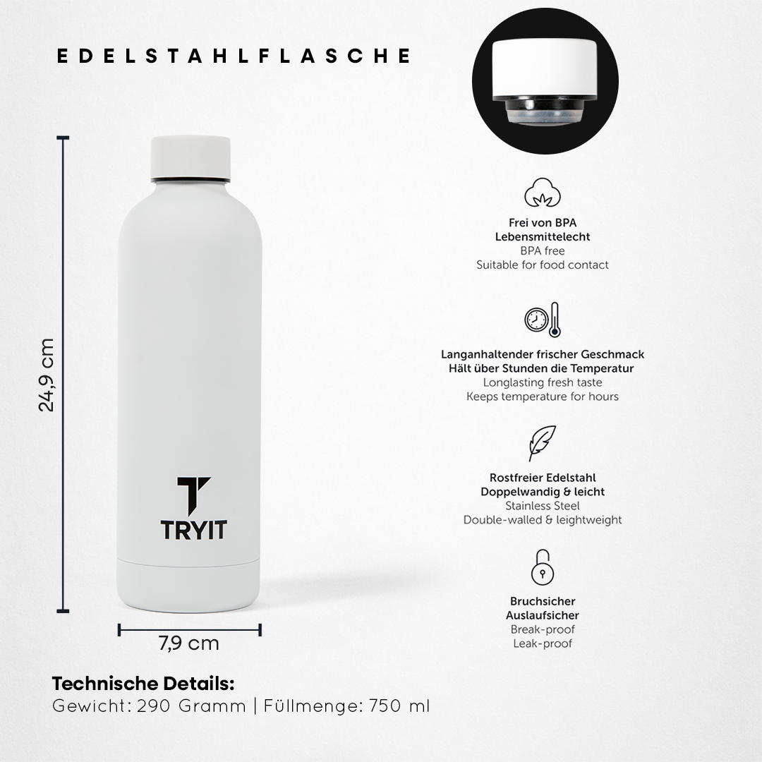 Weiße TRYIT Edelstahlflasche  mit einem schwarzen "TRYIT"-Logo mit Maßen 24,9 cm hoch, 7,9 cm breit und Details zu BPA-Freiheit und Eigenschaften.