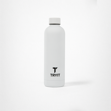 Weiße Edelstahl-Trinkflasche mit schwarzen „TRYIT“-Logo und schwarzem Schraubverschluss.
