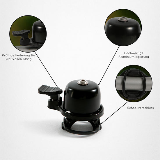 Schwarze Fahrradklingel mit Details: kräftige Federung, hochwertige Aluminiumlegierung, Schnellverschluss.