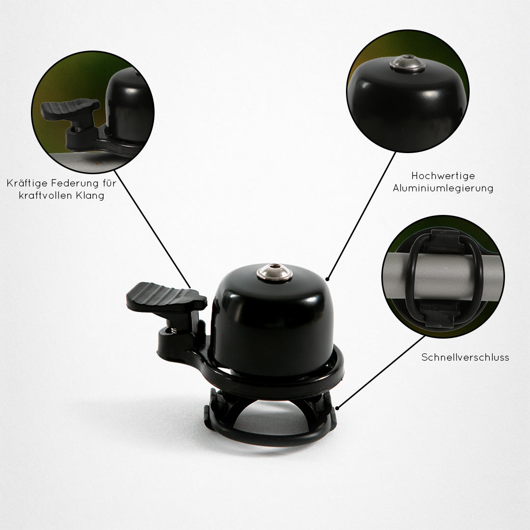 Schwarze Fahrradklingel mit Details: kräftige Federung, hochwertige Aluminiumlegierung, Schnellverschluss.