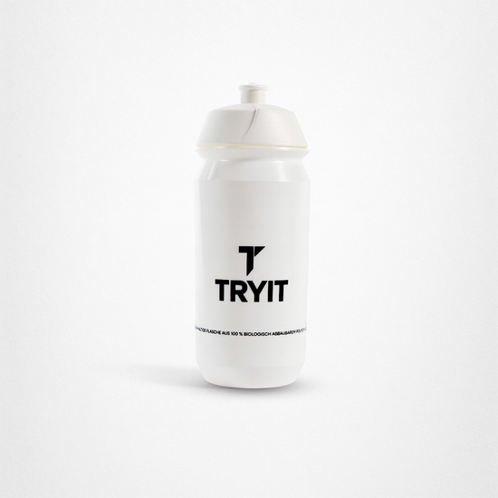 Weiße Sportflasche mit schwarzem "TRYIT"-Logo.