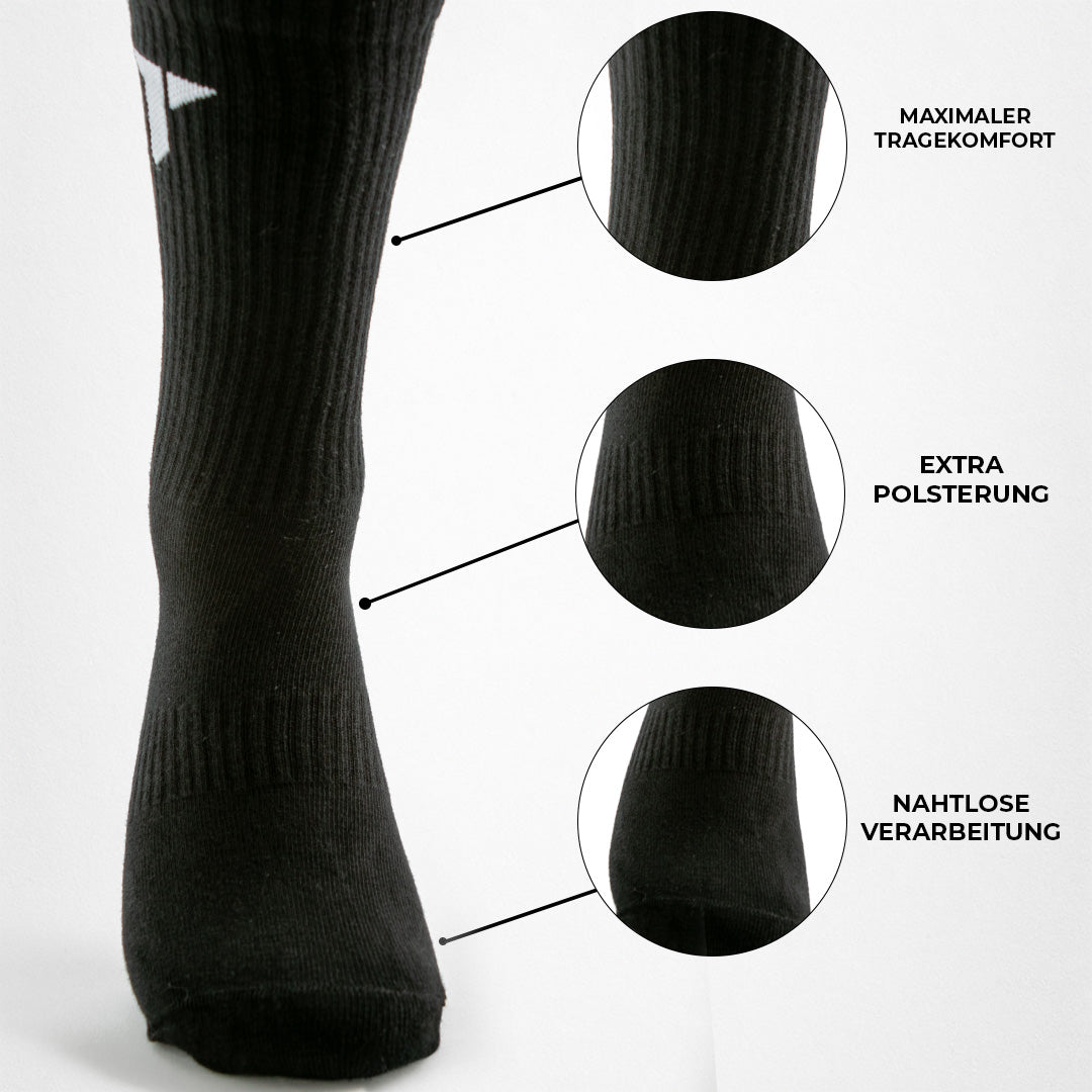 Nahaufnahme einer schwarze Sportsocke mit Beschriftungen: "MAXIMALER TRAGEKOMFORT", "EXTRA POLSTERUNG", "NAHTLOSE VERARBEITUNG" und den entsprechenden Detail-Ausschnitte