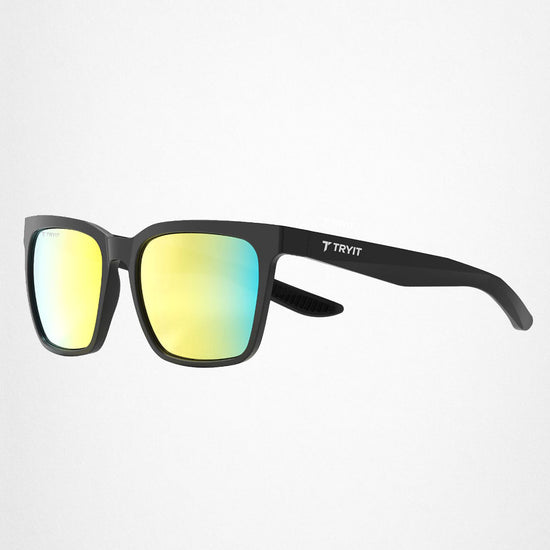 Schwarze Freizeit-Sonnenbrille von TRYIT mit Geld bis Türkisen Verlaufsglas und "T TRYIT"-Logos auf dem Brillengestell.