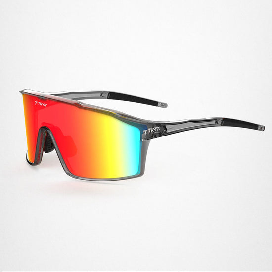 Cystal Sportsonnenbrille von TRYIT mit rotem bis violettem Verlaufsglas und "T TRYIT"-Logos auf dem Brillengestell und auf dem Brillenglas.