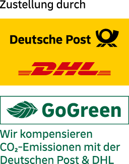 Zustellung durch Deutsche Post, DHL und GoGreen. Wir kompensieren CO2-Emissionen mit der Deutschen Post & DHL.