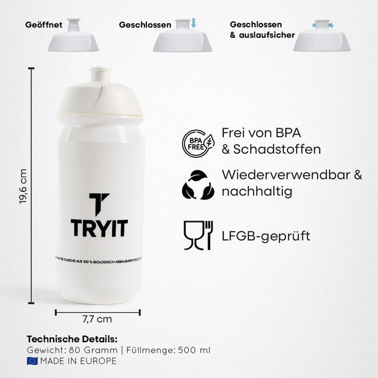 Weiße TRYIT Trinkflasche mit den Maßen 19,6 cm x 7,7 cm und drei Ansichten des Verschlusses und Details zur Sporttrinkflasche.