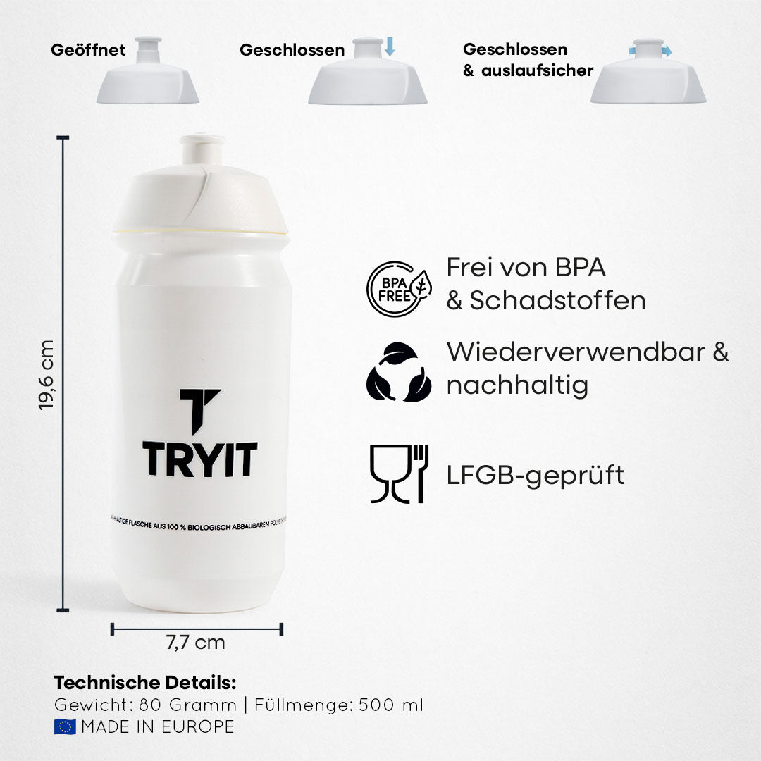 Weiße TRYIT Trinkflasche mit den Maßen 19,6 cm x 7,7 cm und drei Ansichten des Verschlusses und Details zur Sporttrinkflasche.