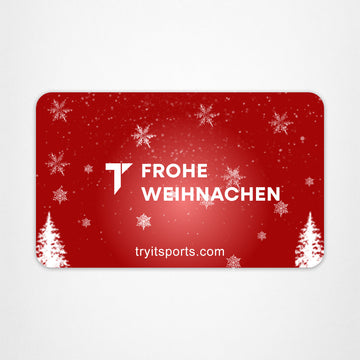 Rote E- Geschenkkarte  mit weißen Schneeflocken und Tannenbäumemit "T Frohe Weihnachten" Logo und "tryitsports.com" URL.