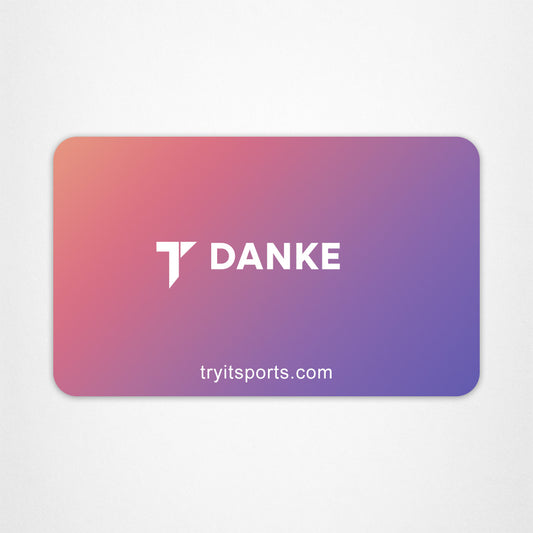 Geschenkkarte mit Farbverlauf von Rot zu Violett, weißem "T DANKE"-Logo und "tryitsports.com"-URL.