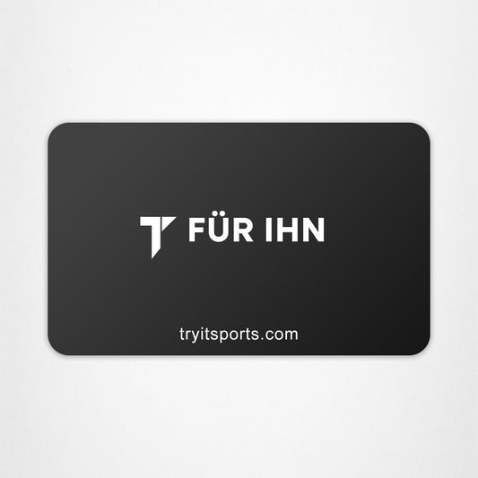 Schwarze E-Geschenkkarte mit weißem "T FÜR IHN" Logo und "tryitsports.com" URL.