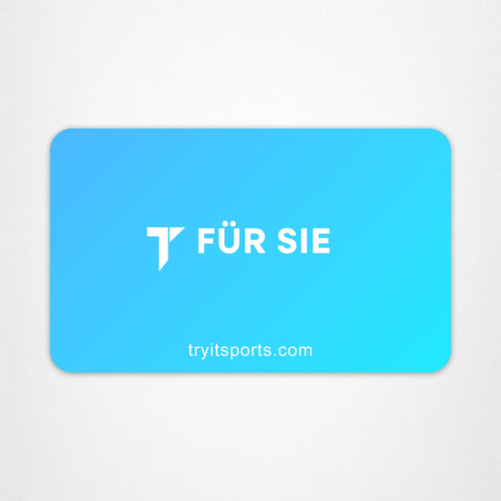 E-Geschenkkarte mit Farbverlauf von Blau zu hell Blau, weißem "T Für Sie"-Logo und "tryitsports.com"-URL.