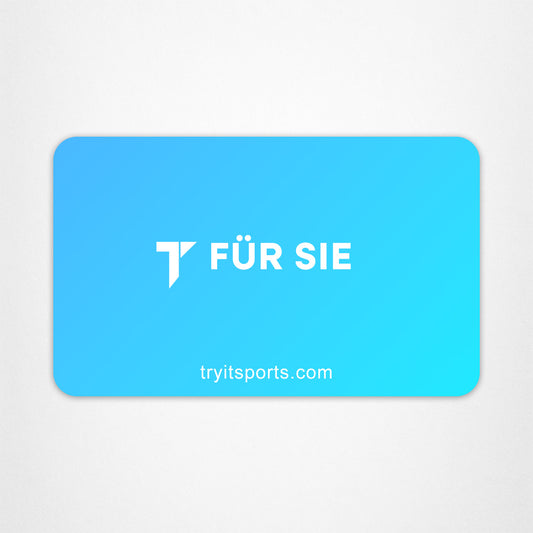 E-Geschenkkarte mit Farbverlauf von Blau zu hell Blau, weißem "T Für Sie"-Logo und "tryitsports.com"-URL.