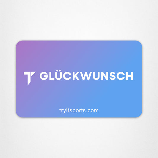 E-Geschenkkarte mit lila-blauem Farbverlauf, weißem "T GLÜCKWUNSCH" Logo und "tryitsports.com".