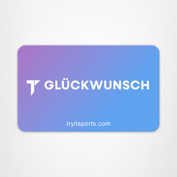 E-Geschenkkarte mit lila-blauem Farbverlauf, weißem "T GLÜCKWUNSCH" Logo und "tryitsports.com".