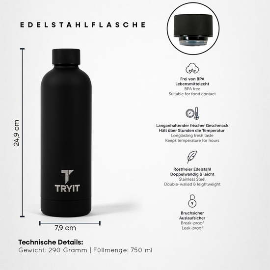 Schwarze TRYIT Edelstahlflasche  mit einem weißem "TRYIT"-Logo mit Maßen 24,9 cm hoch, 7,9 cm breit und Details zu BPA-Freiheit und Eigenschaften.