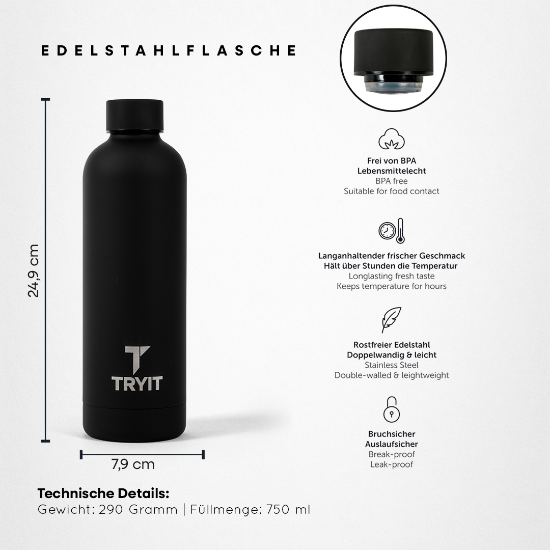 Schwarze TRYIT Edelstahlflasche  mit einem weißem "TRYIT"-Logo mit Maßen 24,9 cm hoch, 7,9 cm breit und Details zu BPA-Freiheit und Eigenschaften.