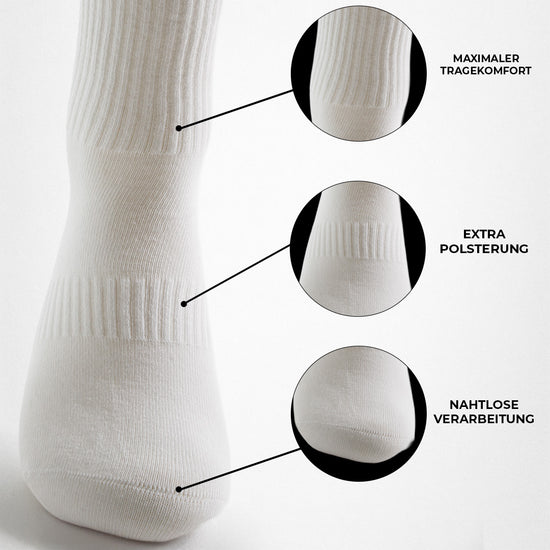 Nahaufnahme einer weiße Sportsocke mit Beschriftungen: "MAXIMALER TRAGEKOMFORT", "EXTRA POLSTERUNG", "NAHTLOSE VERARBEITUNG" und den entsprechenden Detail-Ausschnitte