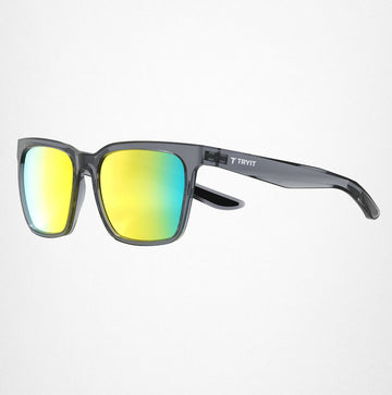 Crystal Freizeit-Sonnenbrille von TRYIT mit Gelb bis Blau Verlaufsglas und "T TRYIT"-Logos auf dem Brillengestell.