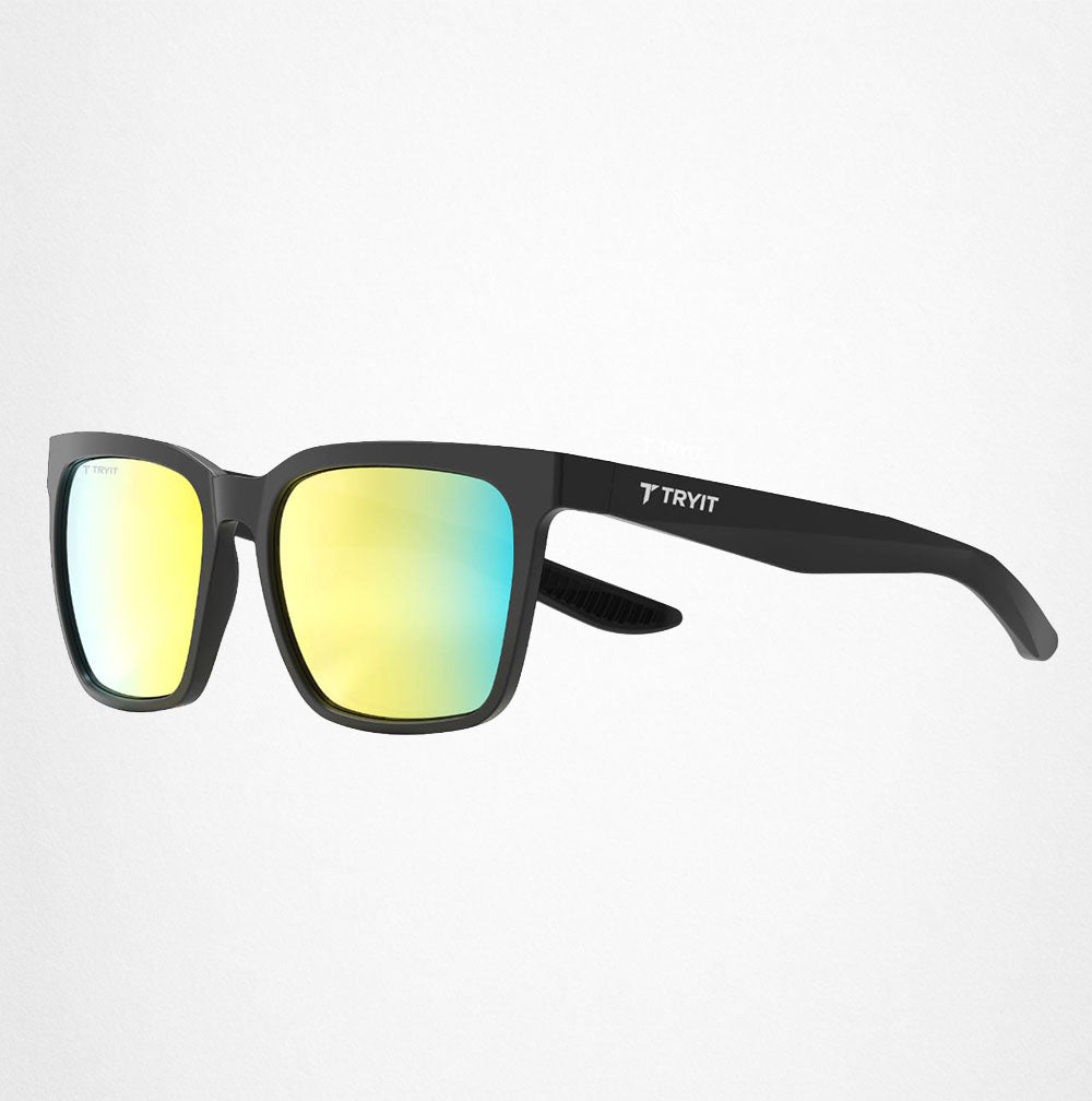 Schwarze Freizeit-Sonnenbrille von TRYIT mit Geld bis Türkisen Verlaufsglas und "T TRYIT"-Logos auf dem Brillengestell.